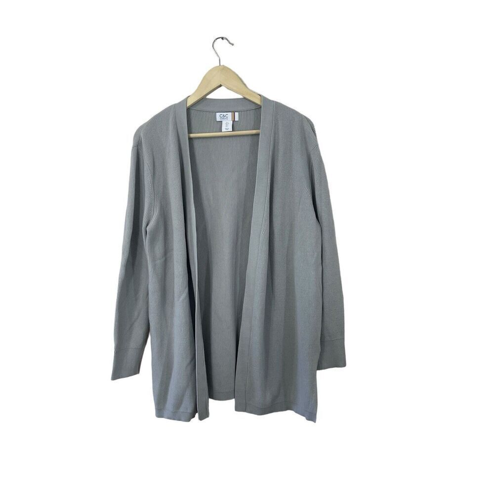 C&C California Large Sweater Cardigan Gray Open Front Ribbed Knit Womens